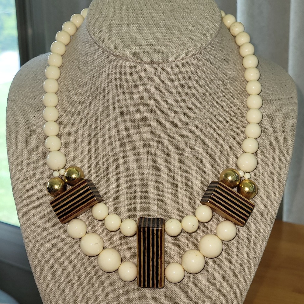Artisan Ivory Bead Laminated Wood Block Double Strand Necklace 16" 59g